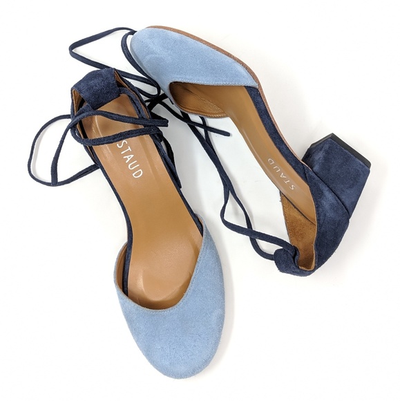 Staud Shoes - Staud Ankle Tie Block Heel 2-Tone Blue Suede Shoes